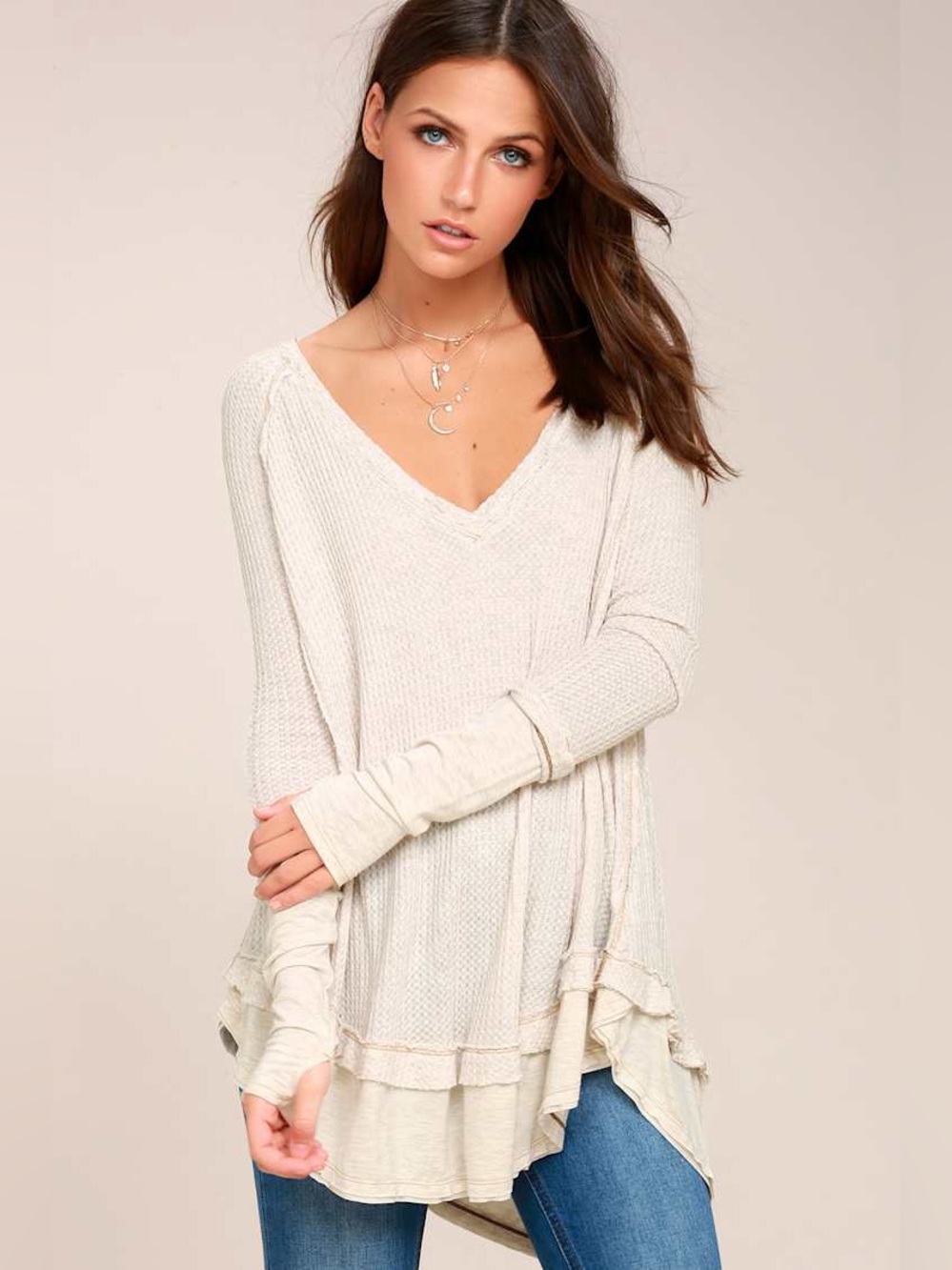 Free People Laguna Light Beige Thermal Long Sleeve Boho Top Tunic, Medium